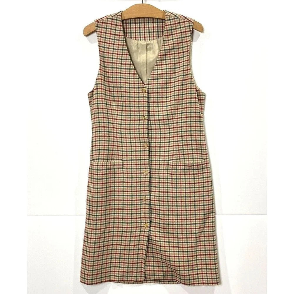 Vintage Plaid Vest Dress Button Down Tan Neutral Academia Preppy Sz Small - Picture 1 of 9